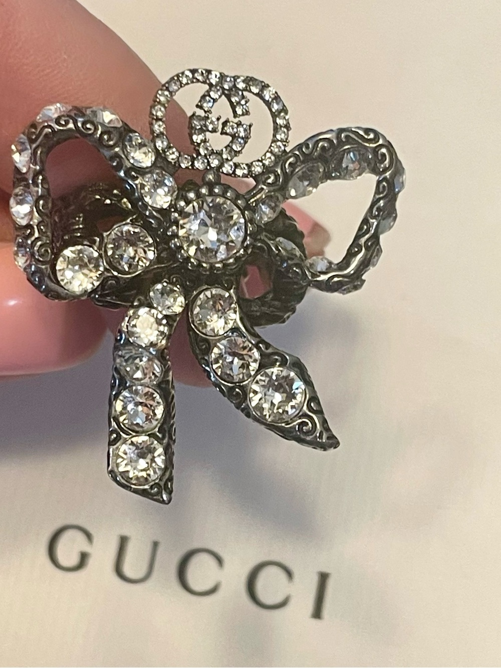 GUCCI~746243 Crystal Aged-Silver "GG" Bow Ring, Expandable (7-9)
